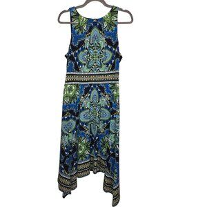 Wisp Sleeveless Pleated Asymmetric Hem Boho Green Blue Stretch Midi Dress 12 NWT